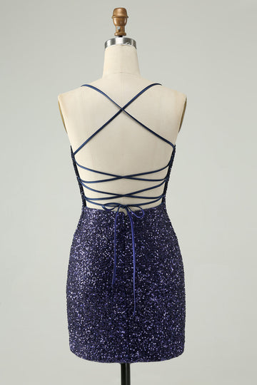 Vestido de cóctel corto ajustado con lentejuelas azul marino brillante y flecos